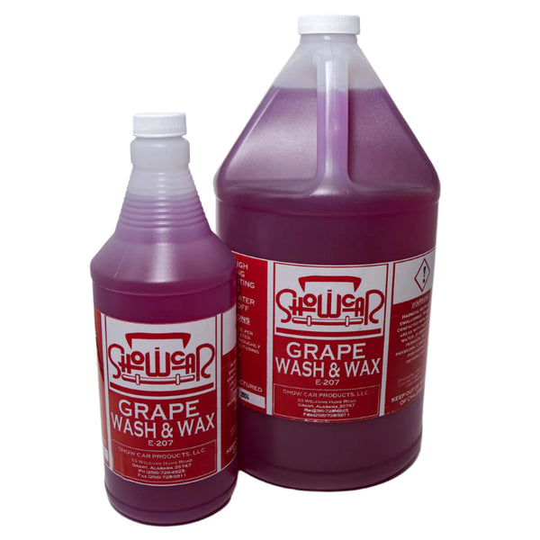 A quart bottle and gallon jug of Showcar Grape Wash & Wax on a white background