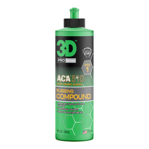 Green bottle of 3D Pro Series ACA 510 Rubbing Compound on a white background