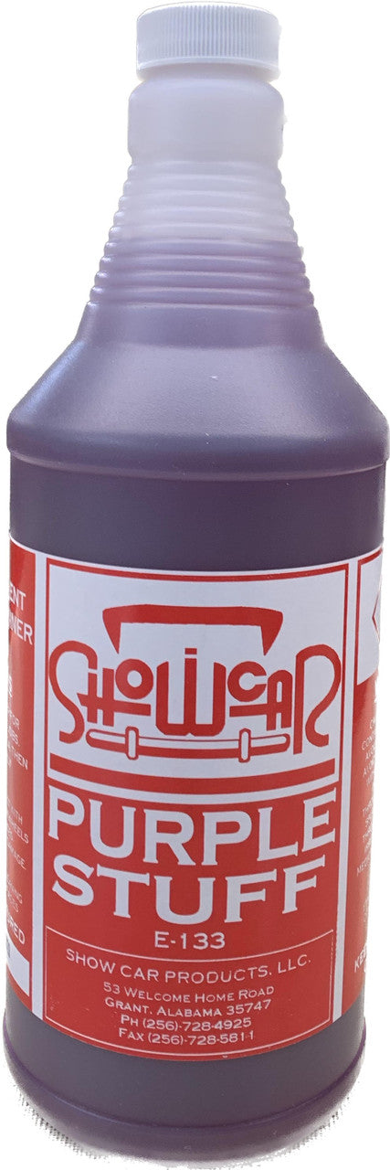 A quart bottle of purple liquid with a red ShowCar Purple Stuff label on a white background.