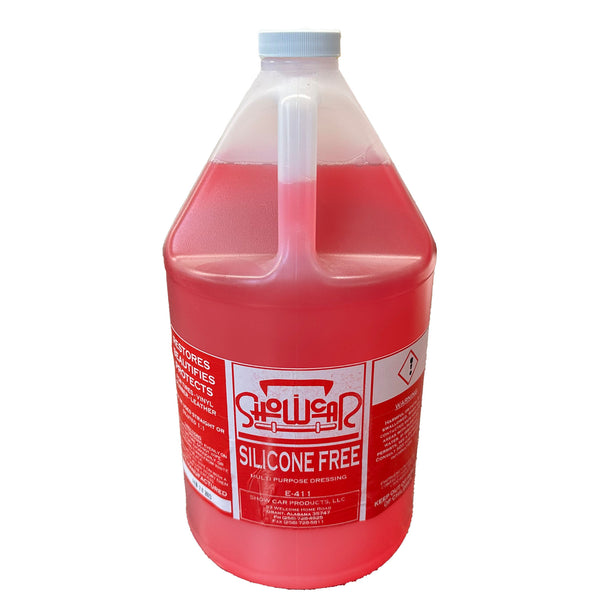 A gallon jug of Showcar Silicone Free dressing on a white background