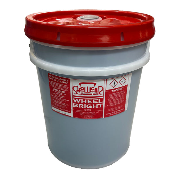 A 5 gallon bucket of light blue liquid with a red ShowCar Wheel Bright label on a white background.