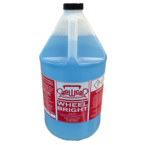 A gallon jug of light blue liquid with a red ShowCar Wheel Bright label on a white background.
