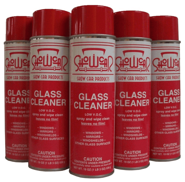 Five cans of red and white Showcar Products Glass Cleaner on a white background