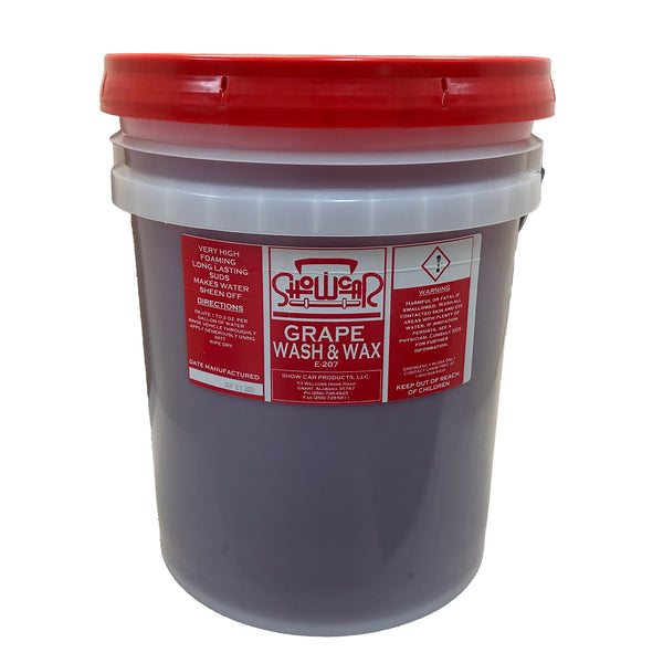 A 5 gallon bucket of Showcar Grape Wash & Wax on a white background