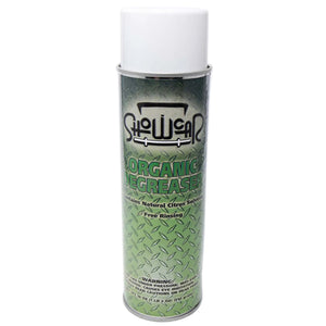 Green and black ShowCar Organic Degreaser aerosol can on a white background