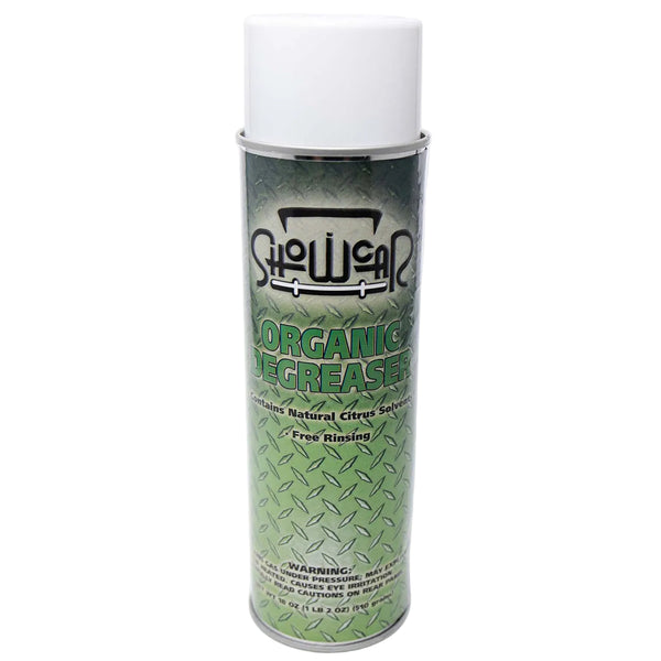 Green and black ShowCar Organic Degreaser aerosol can on a white background