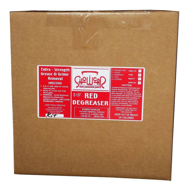 A cardboard box containing a kit to make 55 gallons of Showcar Red Degreaser
