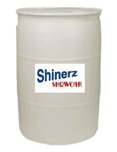 A white 55 gallon drum with the Shinerz Showcar logo