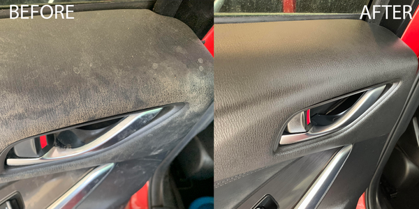 Cleans All before and after on black door panel.